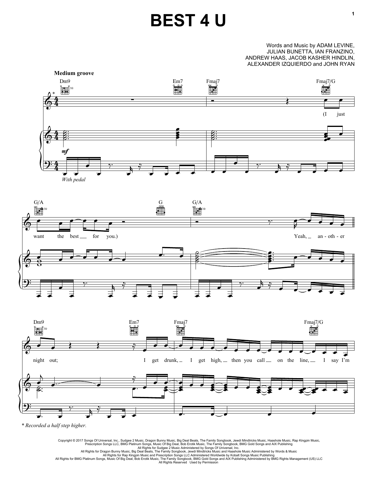 Download Maroon 5 Best 4 U Sheet Music and learn how to play Piano, Vocal & Guitar (Right-Hand Melody) PDF digital score in minutes