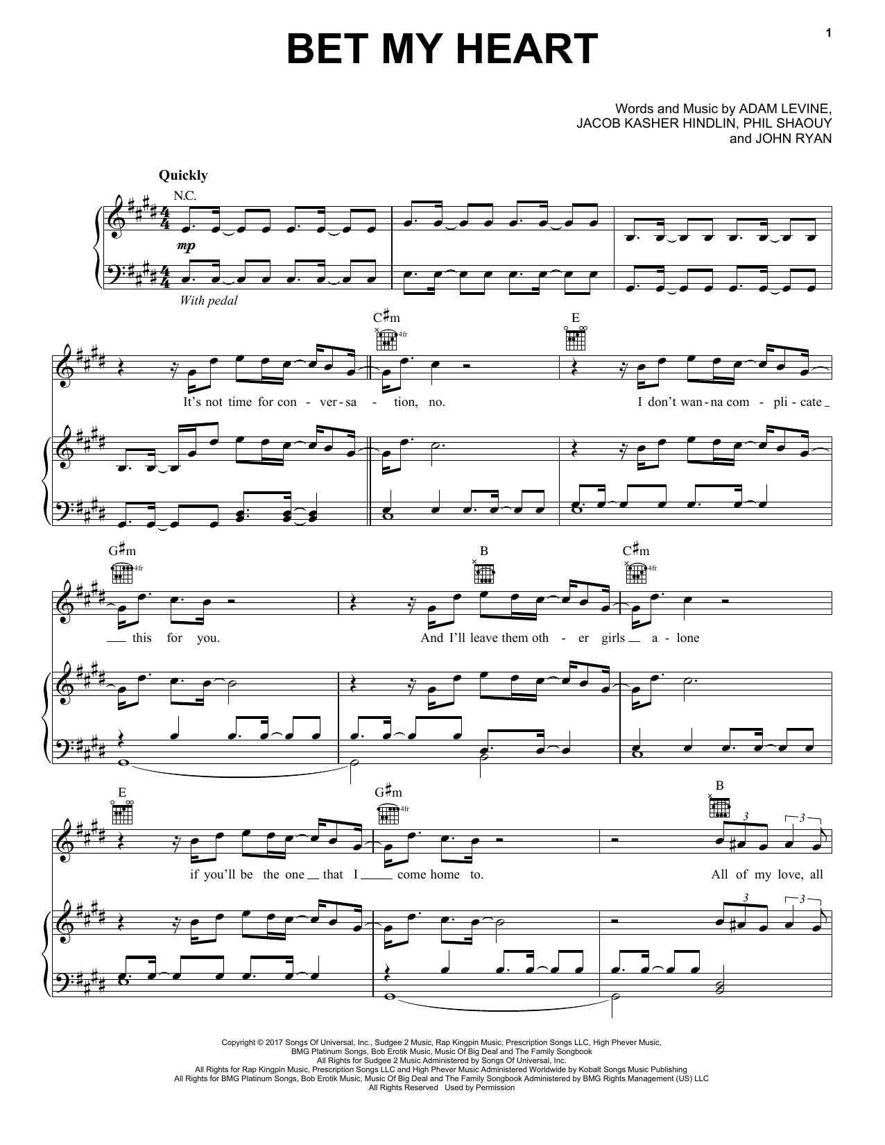 Download Maroon 5 Bet My Heart Sheet Music and learn how to play Piano, Vocal & Guitar (Right-Hand Melody) PDF digital score in minutes