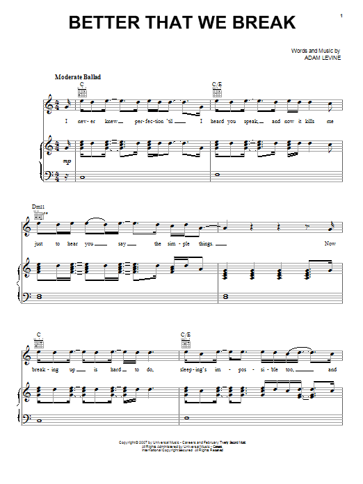 Download Maroon 5 Better That We Break Sheet Music and learn how to play Piano, Vocal & Guitar (Right-Hand Melody) PDF digital score in minutes