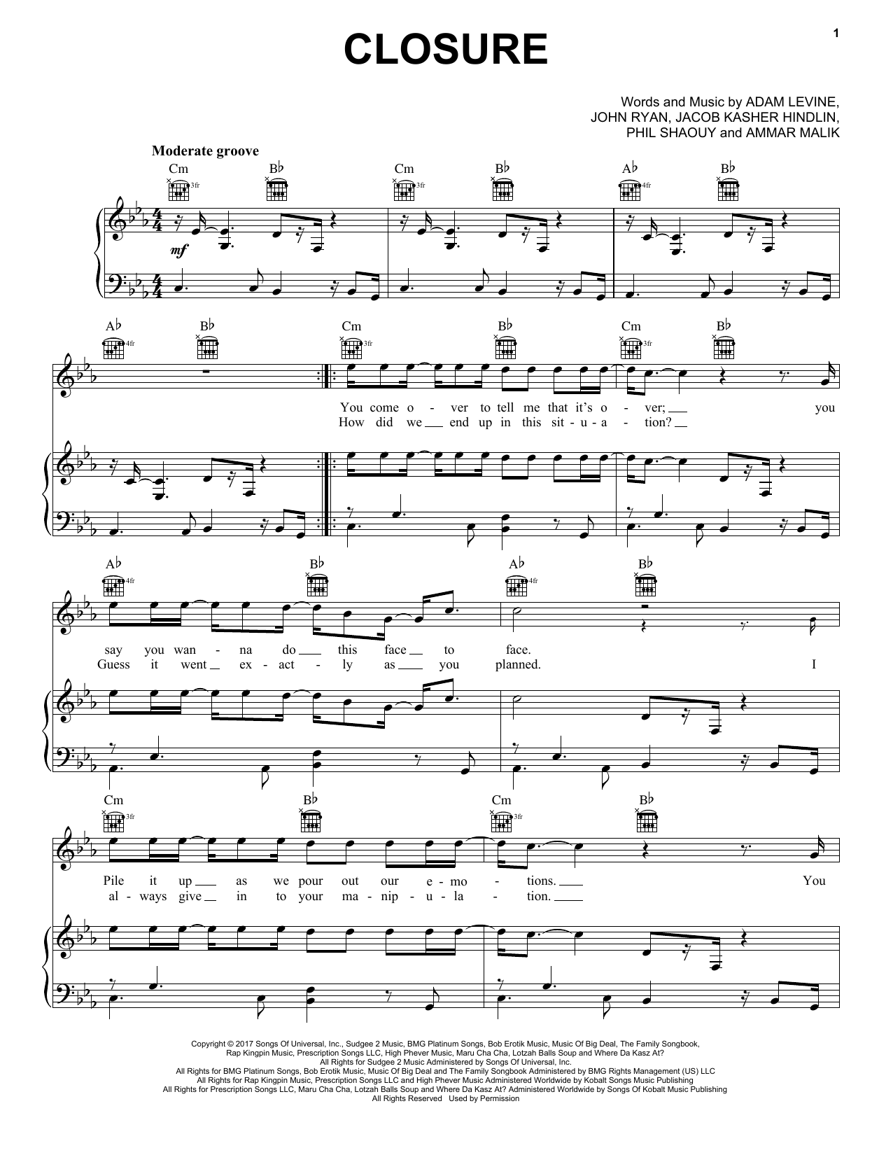Download Maroon 5 Closure Sheet Music and learn how to play Piano, Vocal & Guitar (Right-Hand Melody) PDF digital score in minutes