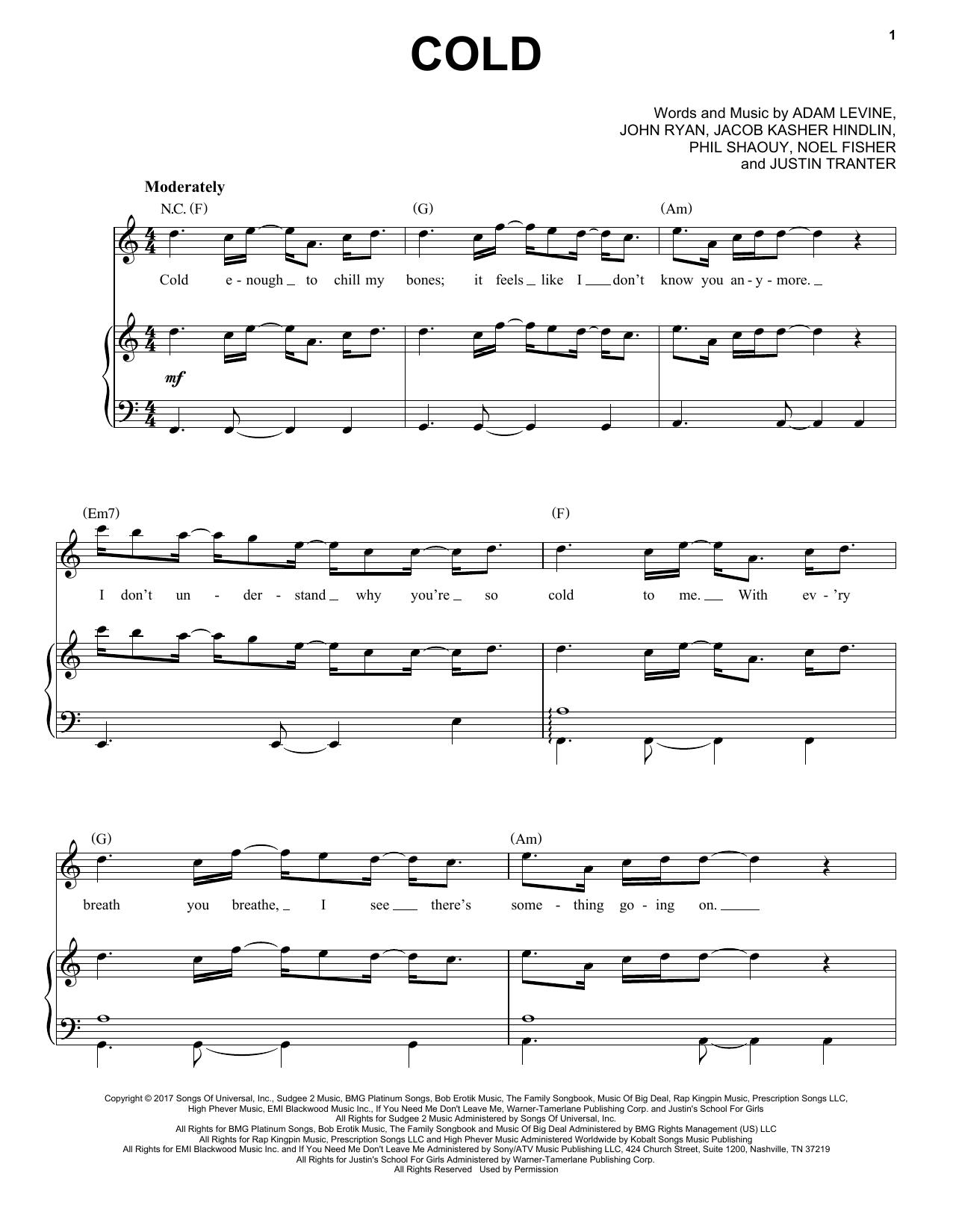 Download Maroon 5 Cold Sheet Music and learn how to play Piano, Vocal & Guitar (Right-Hand Melody) PDF digital score in minutes