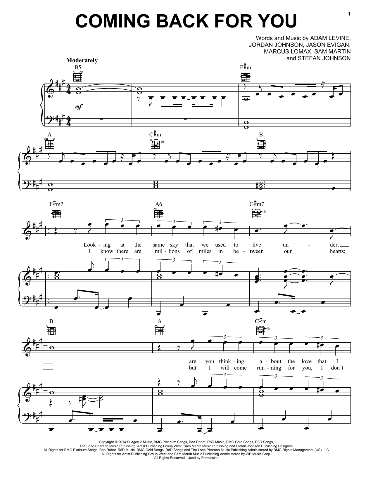 Download Maroon 5 Coming Back For You Sheet Music and learn how to play Piano, Vocal & Guitar (Right-Hand Melody) PDF digital score in minutes