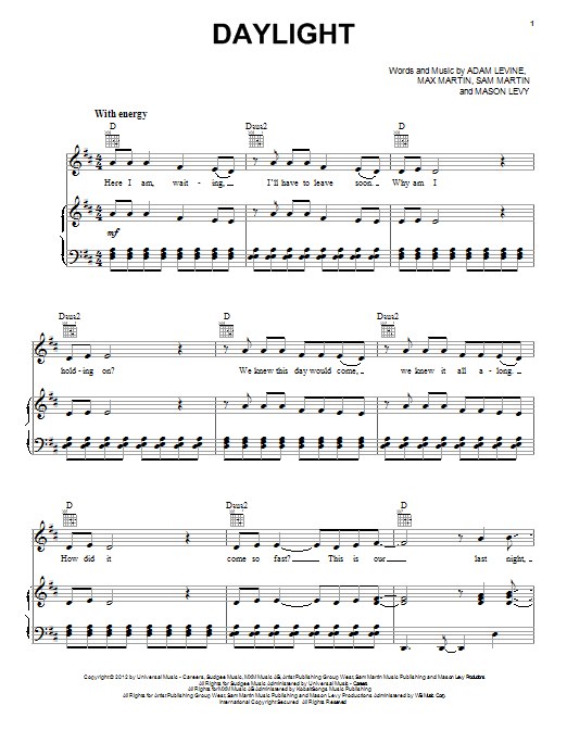 Download Maroon 5 Daylight Sheet Music and learn how to play Piano PDF digital score in minutes
