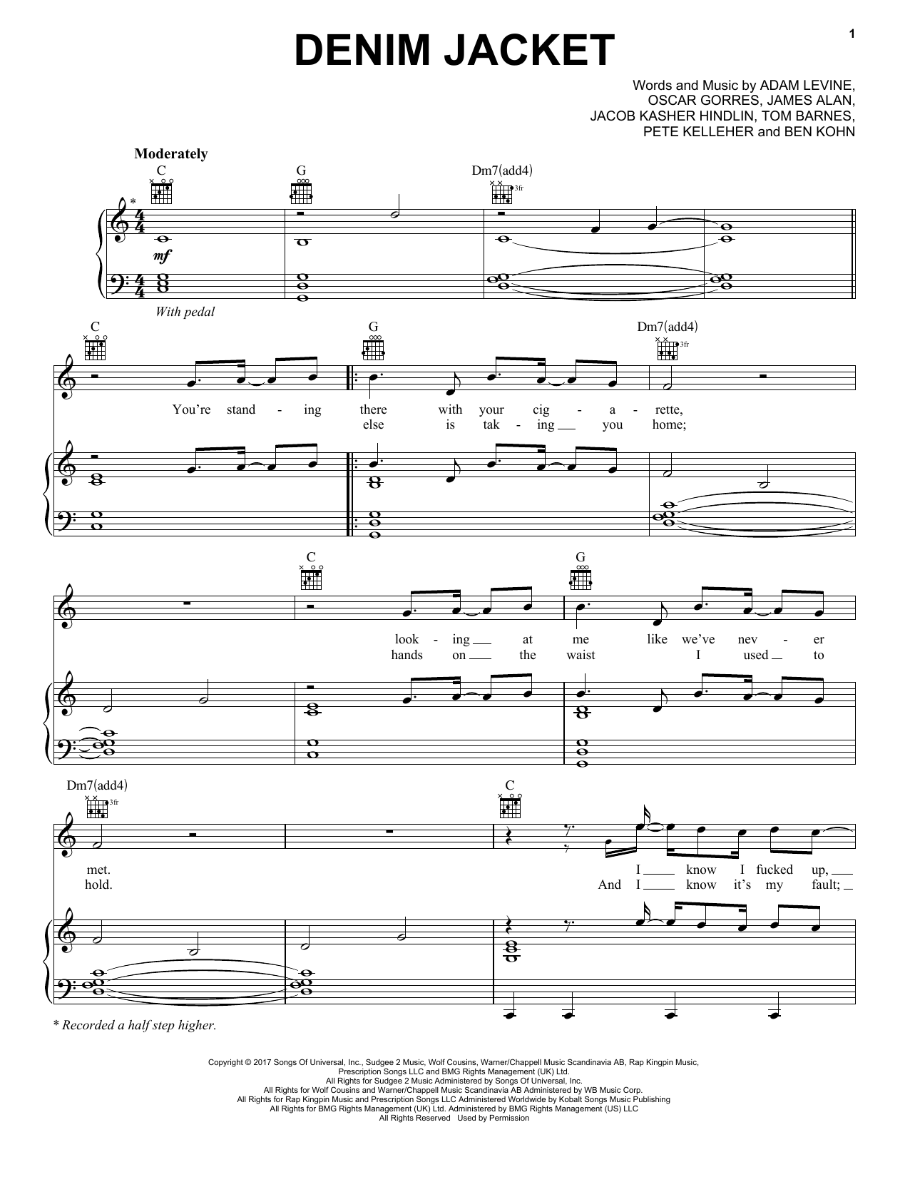 Download Maroon 5 Denim Jacket Sheet Music and learn how to play Piano, Vocal & Guitar (Right-Hand Melody) PDF digital score in minutes