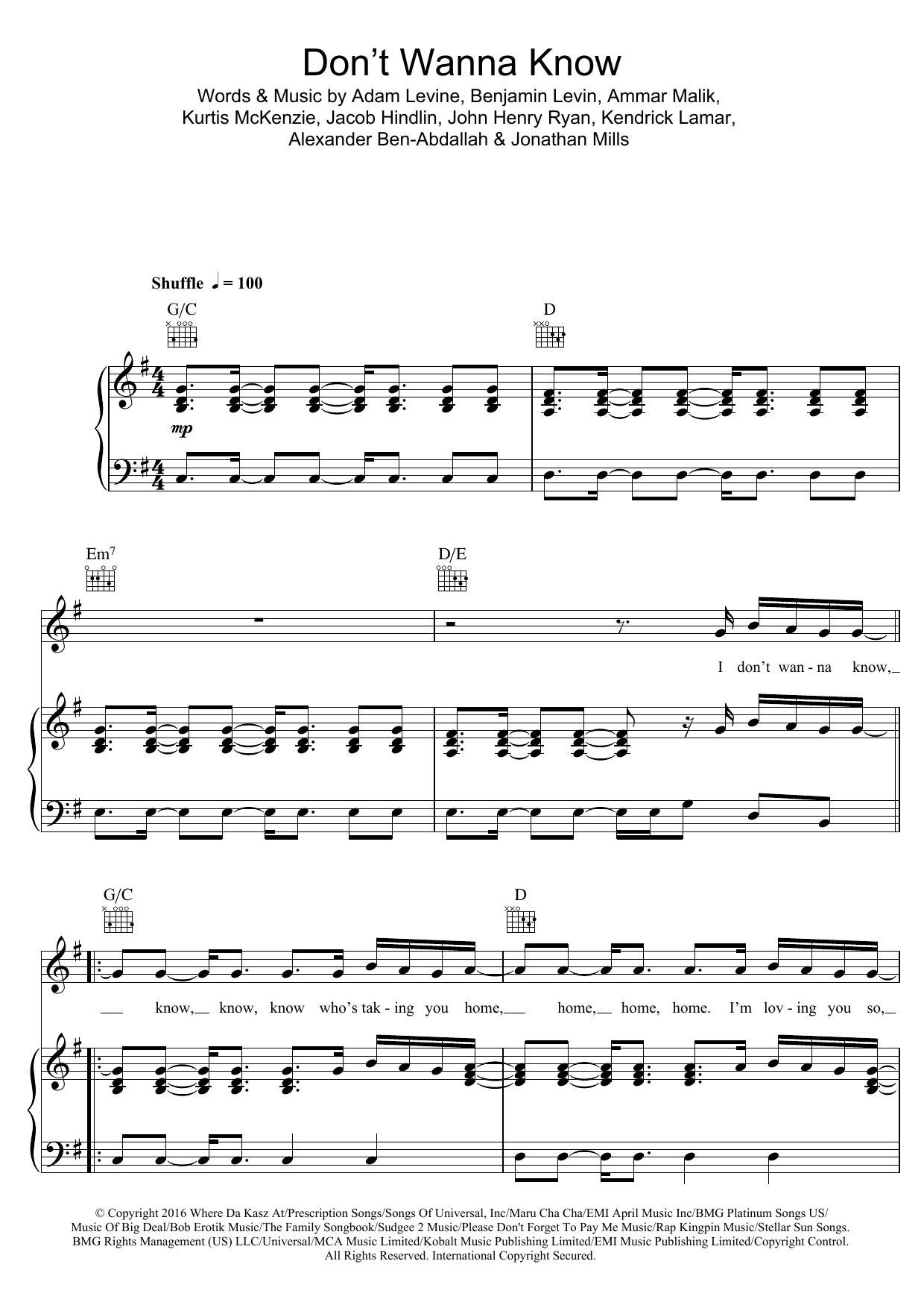 Download Maroon 5 Don't Wanna Know Sheet Music and learn how to play Piano, Vocal & Guitar (Right-Hand Melody) PDF digital score in minutes