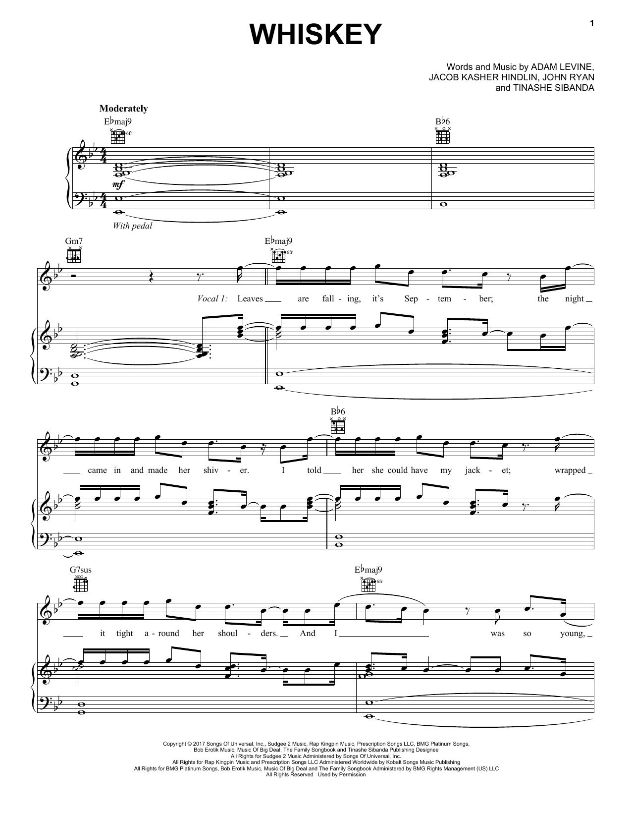 Download Maroon 5 feat. A$AP Rocky Whiskey Sheet Music and learn how to play Piano, Vocal & Guitar (Right-Hand Melody) PDF digital score in minutes