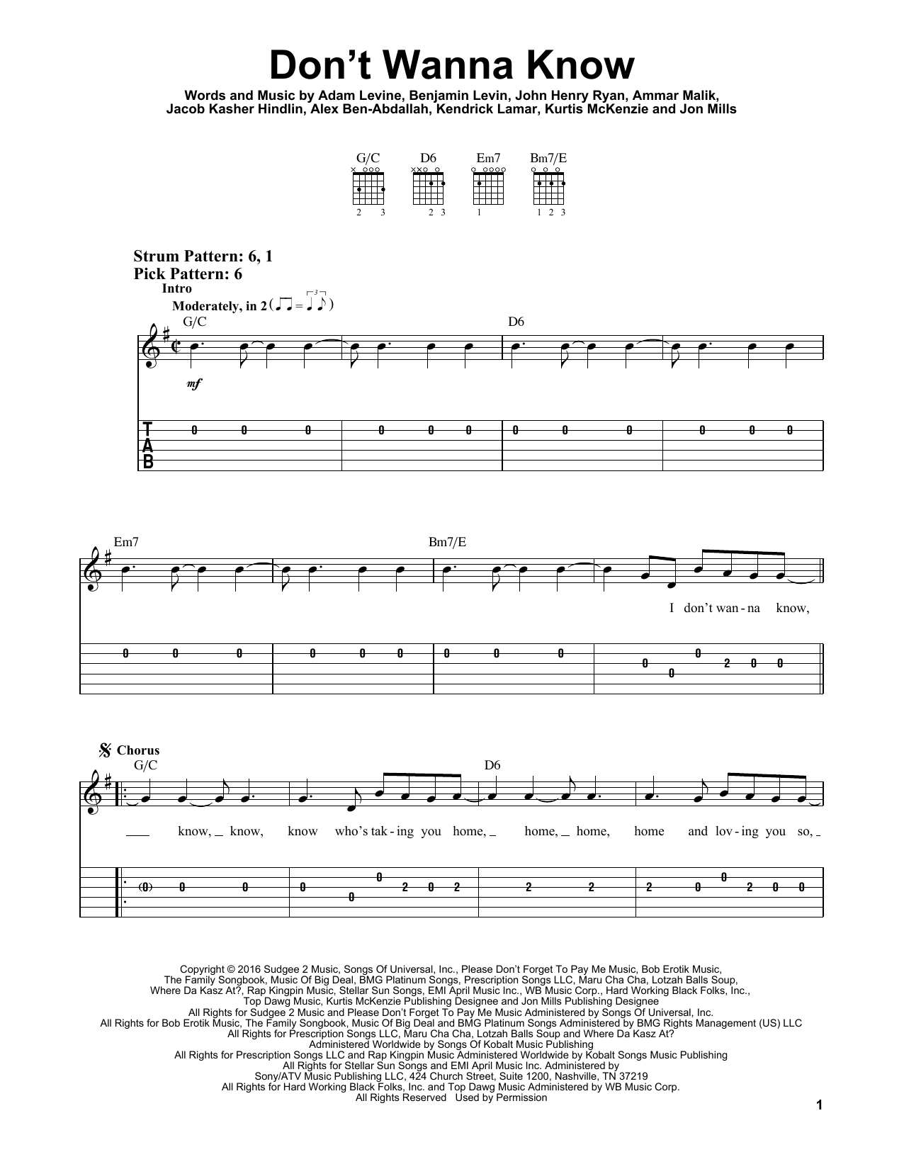 Download Maroon 5 Don't Wanna Know (feat. Kendrick Lamar) Sheet Music and learn how to play Easy Guitar Tab PDF digital score in minutes