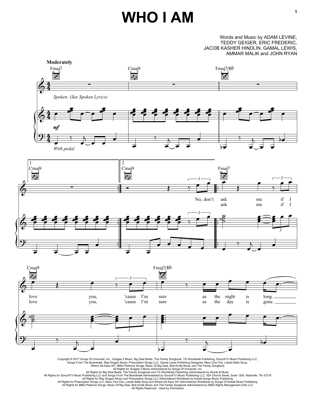 Download Maroon 5 feat. LunchMoney Lewis Who I Am Sheet Music and learn how to play Piano, Vocal & Guitar (Right-Hand Melody) PDF digital score in minutes