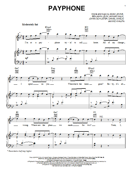 Download Maroon 5 Payphone (feat. Wiz Khalifa) Sheet Music and learn how to play Piano, Vocal & Guitar (Right-Hand Melody) PDF digital score in minutes