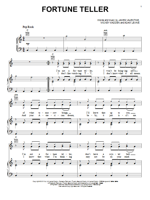 Download Maroon 5 Fortune Teller Sheet Music and learn how to play Piano, Vocal & Guitar (Right-Hand Melody) PDF digital score in minutes