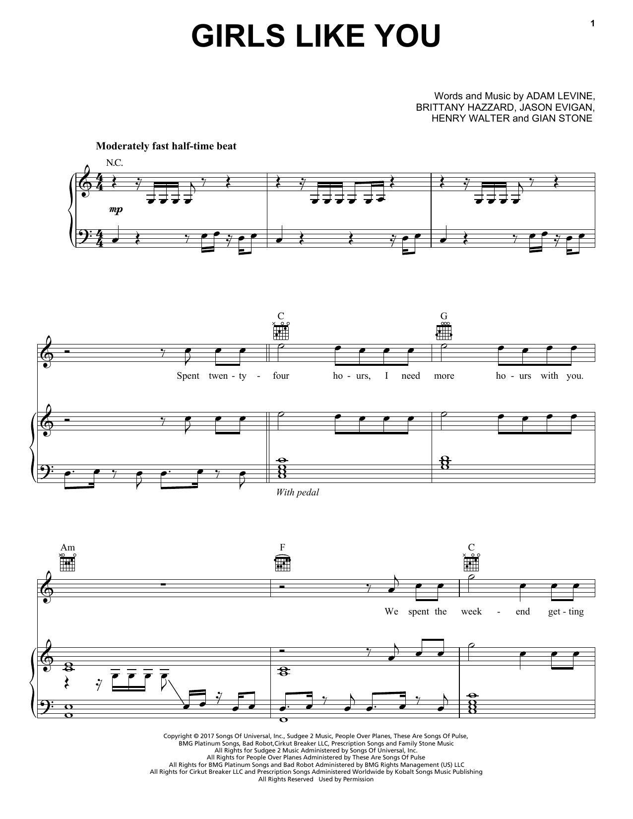 Download Maroon 5 Girls Like You Sheet Music and learn how to play Big Note Piano PDF digital score in minutes