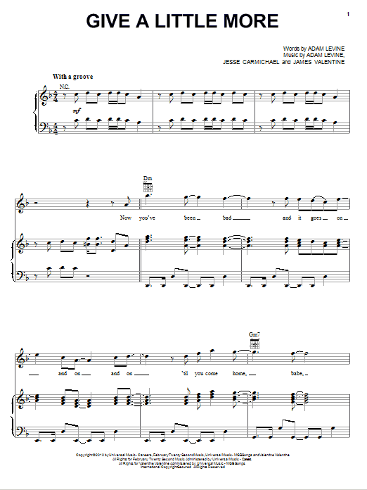 Download Maroon 5 Give A Little More Sheet Music and learn how to play Piano, Vocal & Guitar (Right-Hand Melody) PDF digital score in minutes