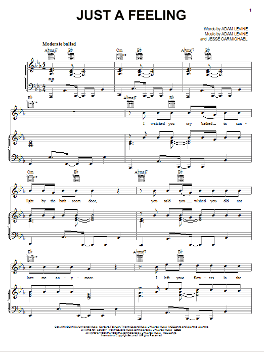 Download Maroon 5 Just A Feeling Sheet Music and learn how to play Piano, Vocal & Guitar (Right-Hand Melody) PDF digital score in minutes