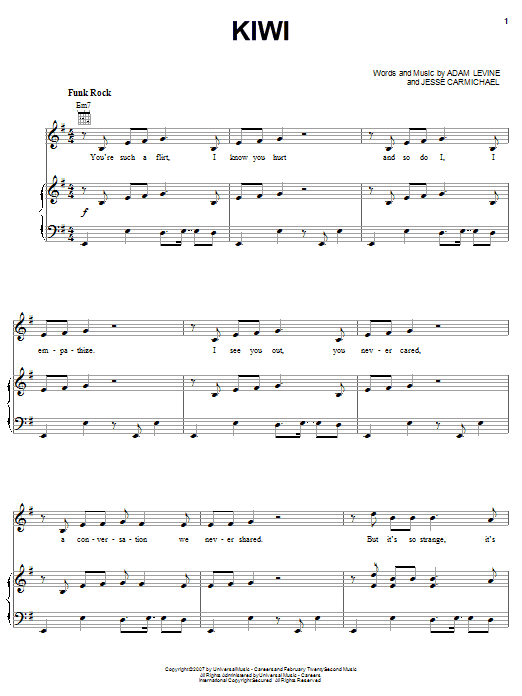 Download Maroon 5 Kiwi Sheet Music and learn how to play Piano, Vocal & Guitar (Right-Hand Melody) PDF digital score in minutes