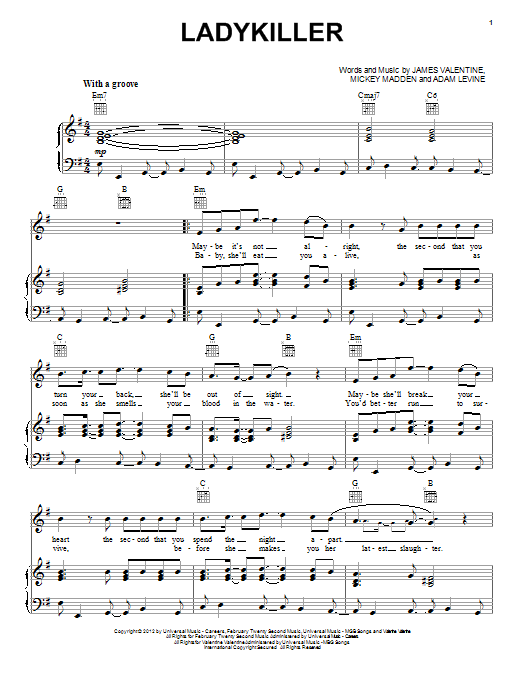 Download Maroon 5 Ladykiller Sheet Music and learn how to play Piano, Vocal & Guitar (Right-Hand Melody) PDF digital score in minutes
