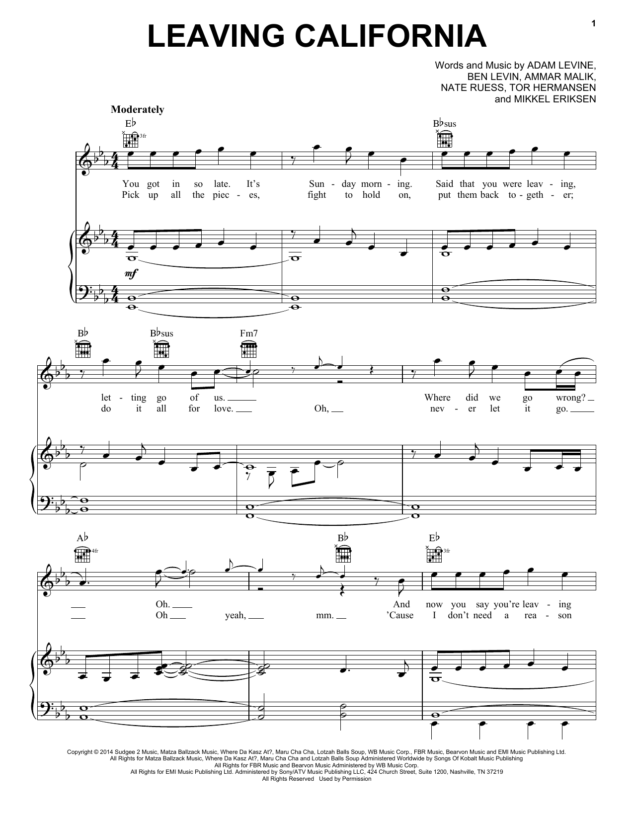 Download Maroon 5 Leaving California Sheet Music and learn how to play Piano, Vocal & Guitar (Right-Hand Melody) PDF digital score in minutes