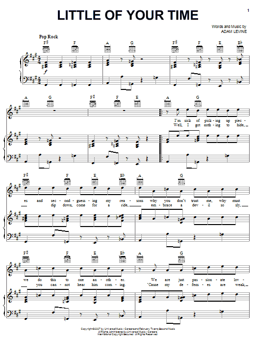 Download Maroon 5 Little Of Your Time Sheet Music and learn how to play Piano, Vocal & Guitar (Right-Hand Melody) PDF digital score in minutes