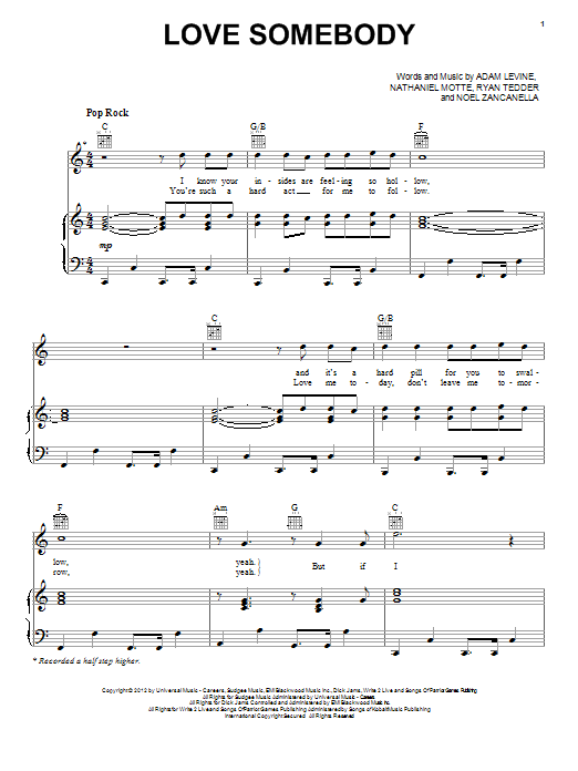 Download Maroon 5 Love Somebody Sheet Music and learn how to play Piano PDF digital score in minutes