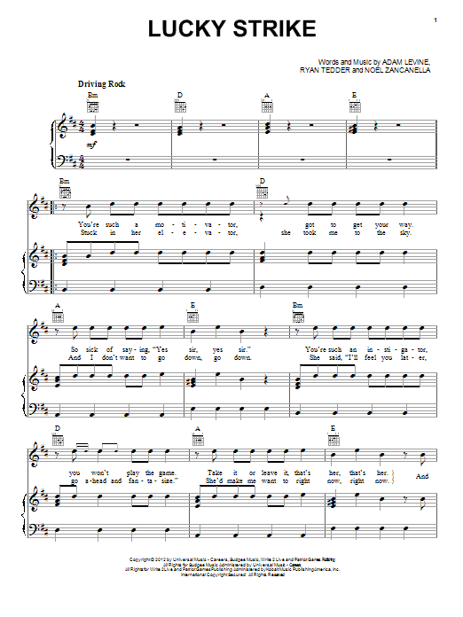 Download Maroon 5 Lucky Strike Sheet Music and learn how to play Piano, Vocal & Guitar (Right-Hand Melody) PDF digital score in minutes