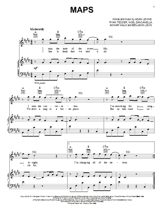 Download Maroon 5 Maps Sheet Music and learn how to play Piano, Vocal & Guitar (Right-Hand Melody) PDF digital score in minutes