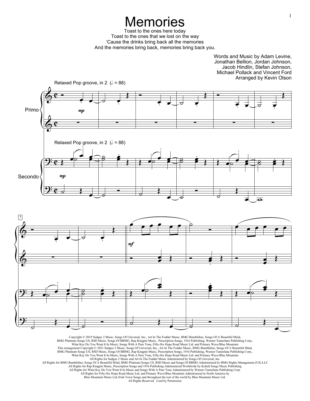 Download Maroon 5 Memories (arr. Kevin Olson) Sheet Music and learn how to play Piano Duet PDF digital score in minutes