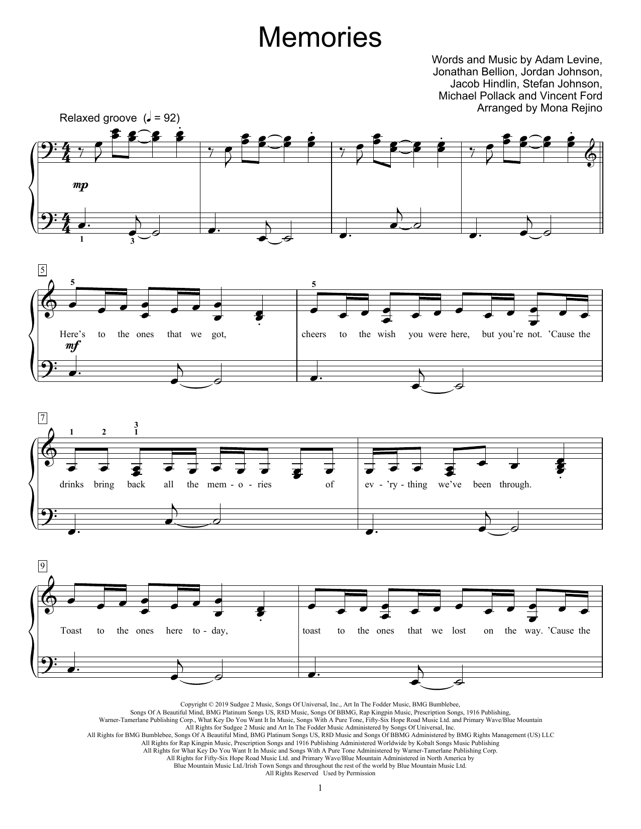 Download Maroon 5 Memories (arr. Mona Rejino) Sheet Music and learn how to play Educational Piano PDF digital score in minutes
