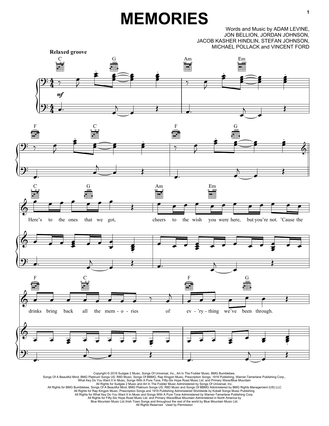 Download Maroon 5 Memories Sheet Music and learn how to play Very Easy Piano PDF digital score in minutes
