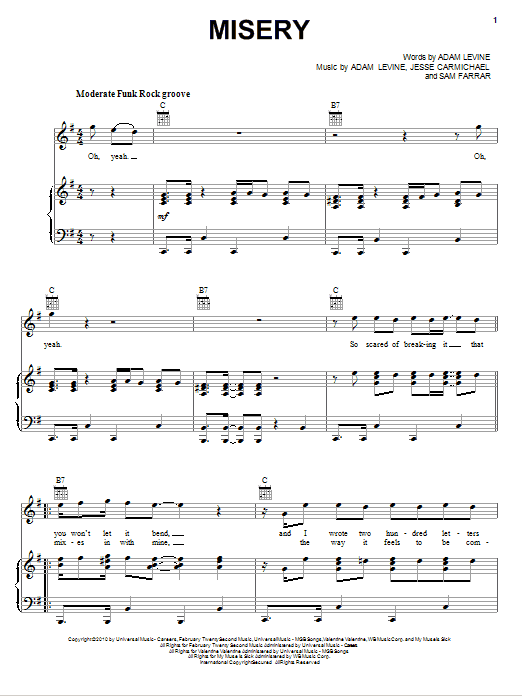 Download Maroon 5 Misery Sheet Music and learn how to play Piano, Vocal & Guitar (Right-Hand Melody) PDF digital score in minutes