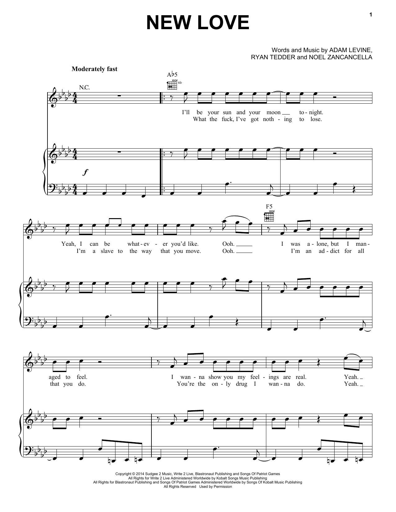 Download Maroon 5 New Love Sheet Music and learn how to play Piano, Vocal & Guitar (Right-Hand Melody) PDF digital score in minutes