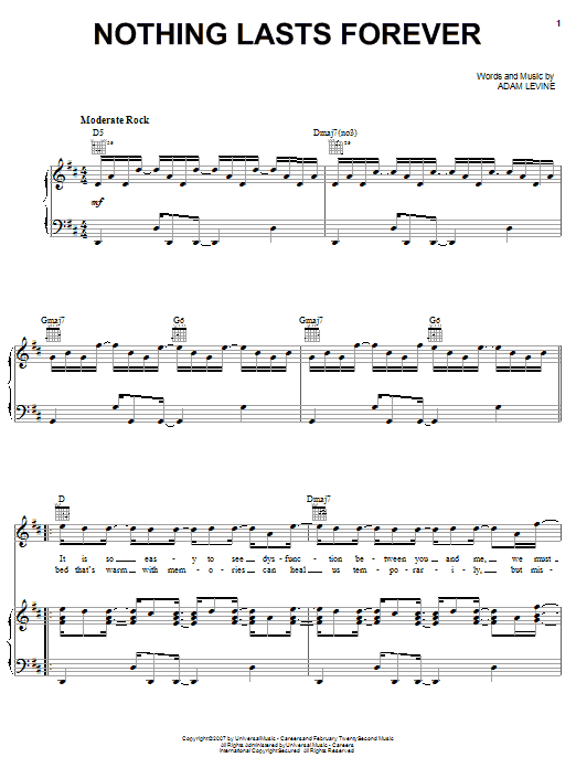 Download Maroon 5 Nothing Lasts Forever Sheet Music and learn how to play Piano, Vocal & Guitar (Right-Hand Melody) PDF digital score in minutes