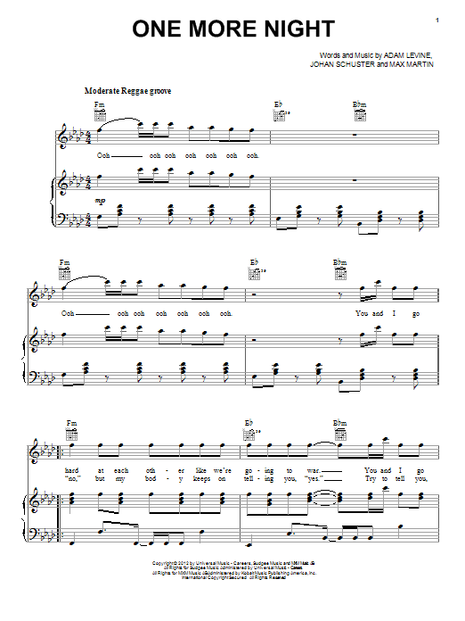 Download Maroon 5 One More Night Sheet Music and learn how to play 5-Finger Piano PDF digital score in minutes