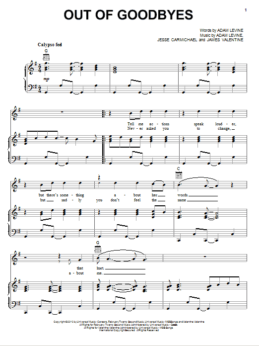 Download Maroon 5 Out Of Goodbyes Sheet Music and learn how to play Piano, Vocal & Guitar (Right-Hand Melody) PDF digital score in minutes