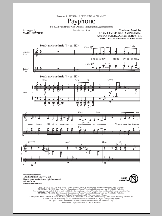 Download Maroon 5 Payphone (arr. Mark Brymer) Sheet Music and learn how to play SATB PDF digital score in minutes