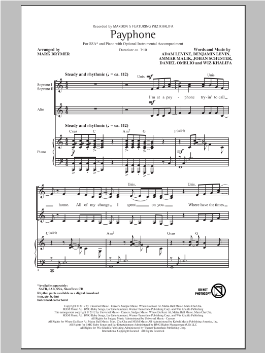 Download Maroon 5 Payphone (arr. Mark Brymer) Sheet Music and learn how to play SSA PDF digital score in minutes