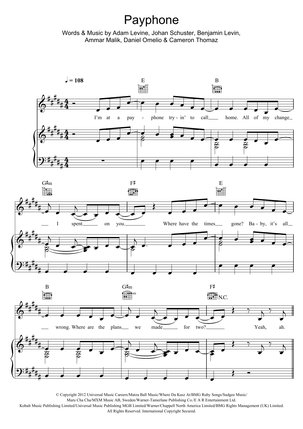 Download Maroon 5 Payphone (feat. Wiz Khalifa) Sheet Music and learn how to play Piano, Vocal & Guitar (Right-Hand Melody) PDF digital score in minutes