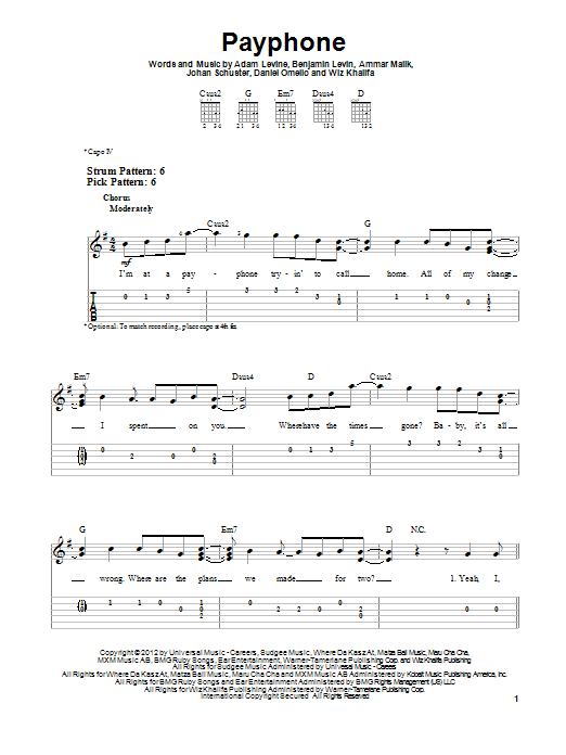 Download Maroon 5 Payphone (feat. Wiz Khalifa) Sheet Music and learn how to play Easy Guitar Tab PDF digital score in minutes
