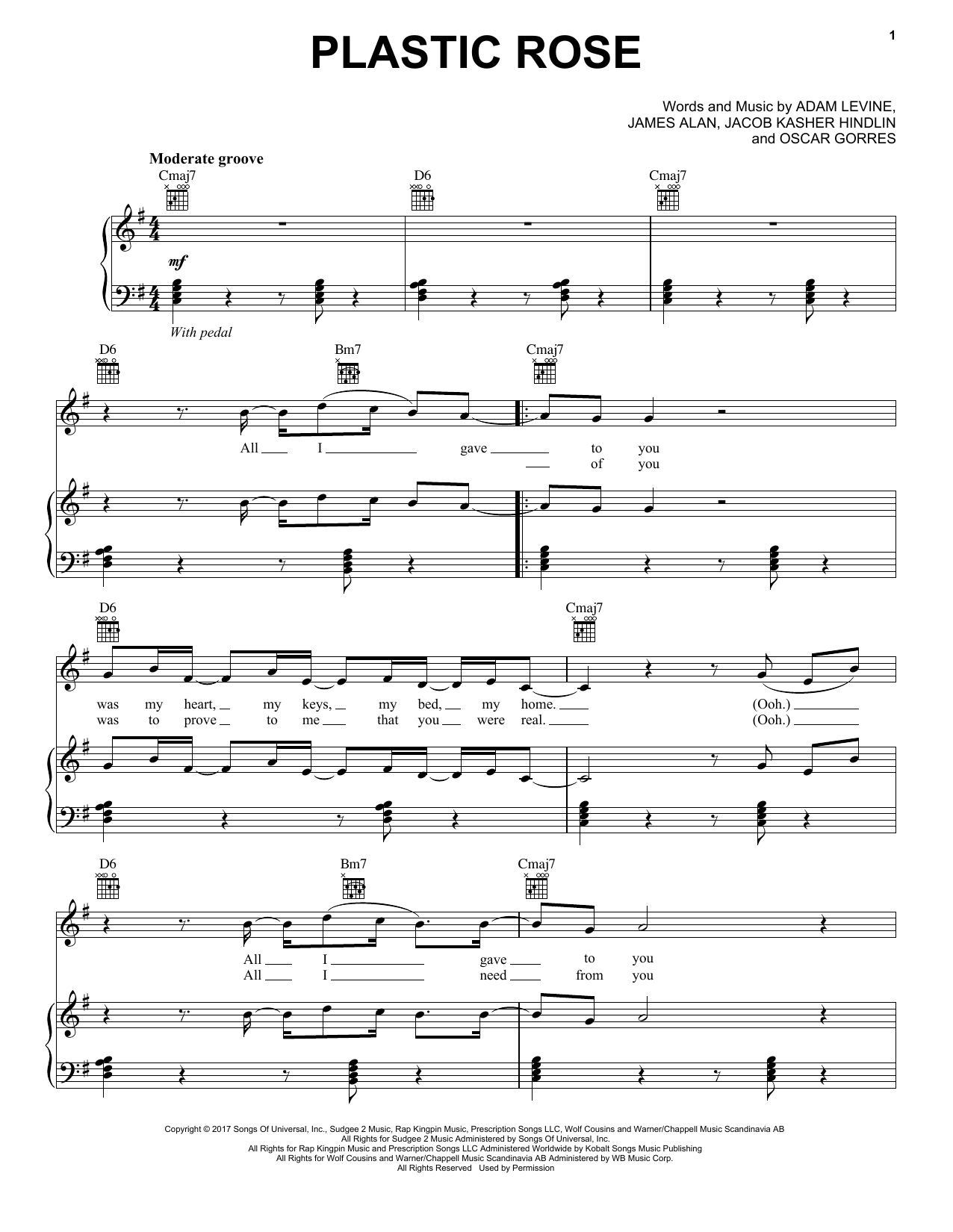 Download Maroon 5 Plastic Rose Sheet Music and learn how to play Piano, Vocal & Guitar (Right-Hand Melody) PDF digital score in minutes