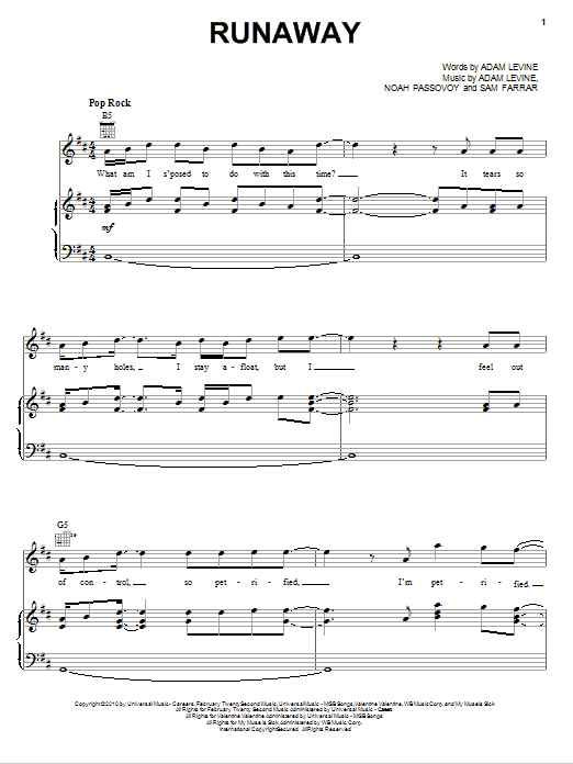 Download Maroon 5 Runaway Sheet Music and learn how to play Piano, Vocal & Guitar (Right-Hand Melody) PDF digital score in minutes