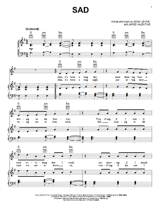 Download Maroon 5 Sad Sheet Music and learn how to play Piano, Vocal & Guitar (Right-Hand Melody) PDF digital score in minutes