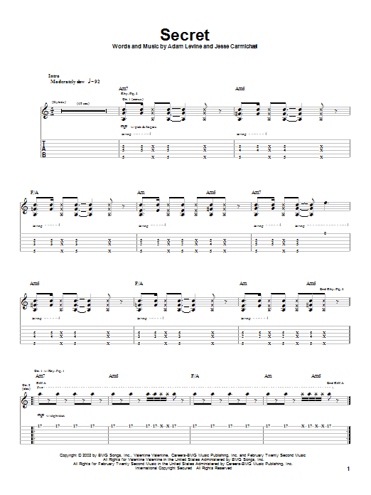 Download Maroon 5 Secret Sheet Music and learn how to play Guitar Tab PDF digital score in minutes