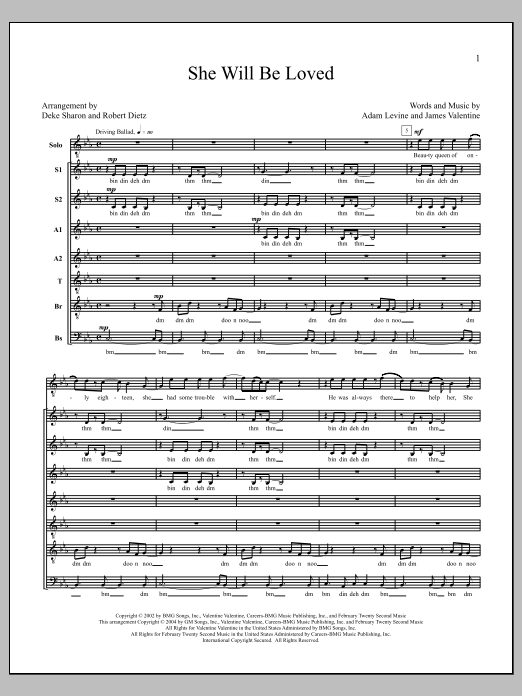 Download Maroon 5 She Will Be Loved (arr. Deke Sharon) Sheet Music and learn how to play Choir PDF digital score in minutes