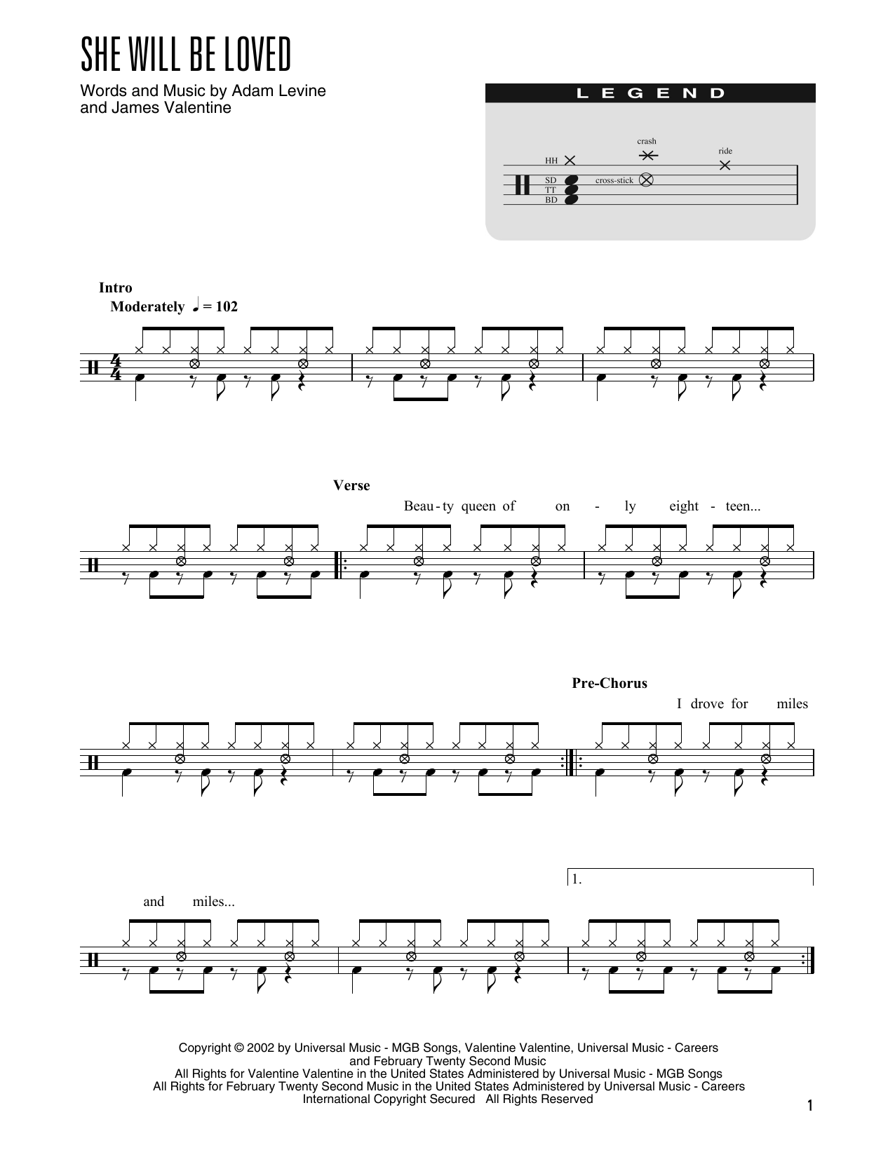 Download Maroon 5 She Will Be Loved (arr. Kennan Wylie) Sheet Music and learn how to play Drum Chart PDF digital score in minutes