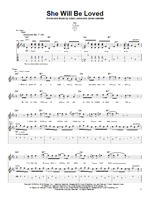 Download Maroon 5 She Will Be Loved Sheet Music and learn how to play Guitar Lead Sheet PDF digital score in minutes