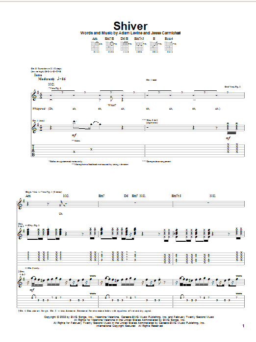 Download Maroon 5 Shiver Sheet Music and learn how to play Melody Line, Lyrics & Chords PDF digital score in minutes