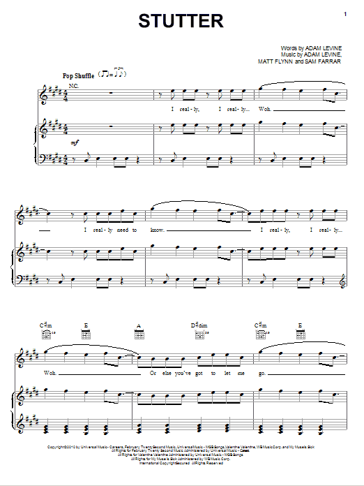 Download Maroon 5 Stutter Sheet Music and learn how to play Piano, Vocal & Guitar (Right-Hand Melody) PDF digital score in minutes