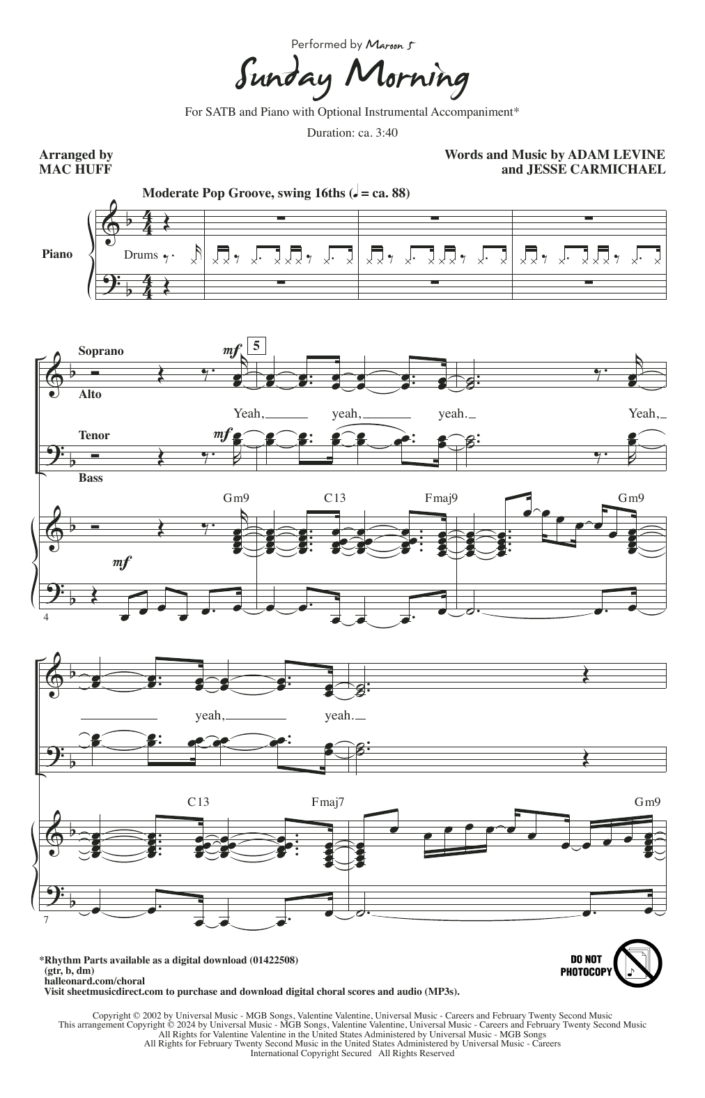 Download Maroon 5 Sunday Morning (arr. Mac Huff) Sheet Music and learn how to play SATB Choir PDF digital score in minutes