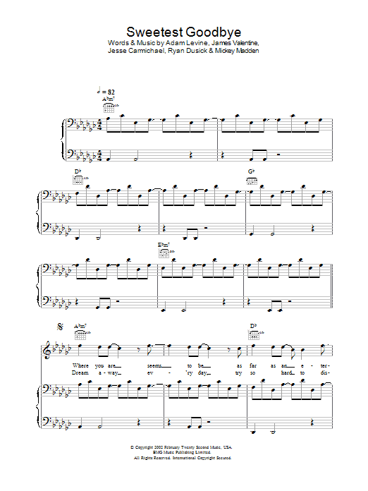 Download Maroon 5 Sweetest Goodbye Sheet Music and learn how to play Melody Line, Lyrics & Chords PDF digital score in minutes