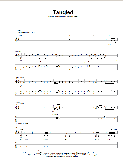 Download Maroon 5 Tangled Sheet Music and learn how to play Guitar Tab PDF digital score in minutes