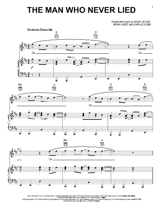 Download Maroon 5 The Man Who Never Lied Sheet Music and learn how to play Piano, Vocal & Guitar (Right-Hand Melody) PDF digital score in minutes