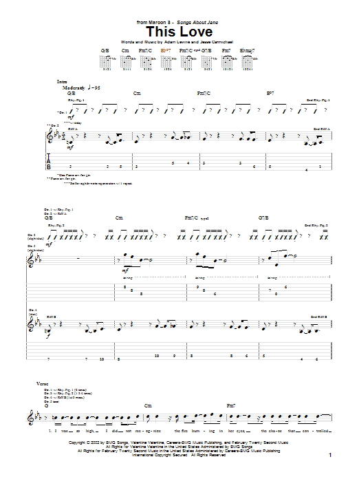 Download Maroon 5 This Love Sheet Music and learn how to play Piano, Vocal & Guitar (Right-Hand Melody) PDF digital score in minutes